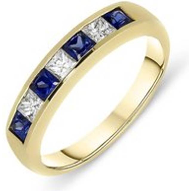 18ct Yellow Gold Sapphire Diamond Princess Cut Half Eternity Ring D - N