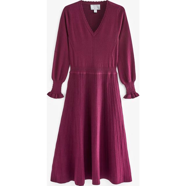 Pure Collection Scallop V-Neck Knitted Dress, Merlot