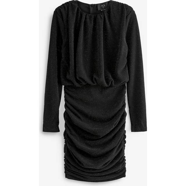 AX Paris Womens Black Sparkly Long Sleeve Ruched Mini Dress - Size 16 UK