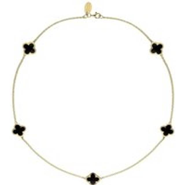 9ct Yellow Gold Whitby Jet Bloom Four Leaf Clover Necklace