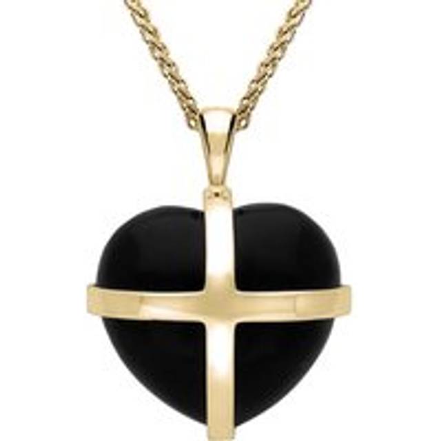 9ct Yellow Gold Whitby Jet Medium Cross Heart Necklace - Yellow Gold