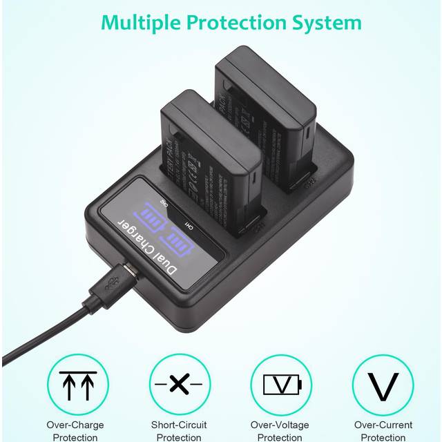EN-EL14 Battery & Charger Kit 2pcs 7.4V 1500mAh Battery + 1pc LED2-EL14 Dual Channel Camera Battery black