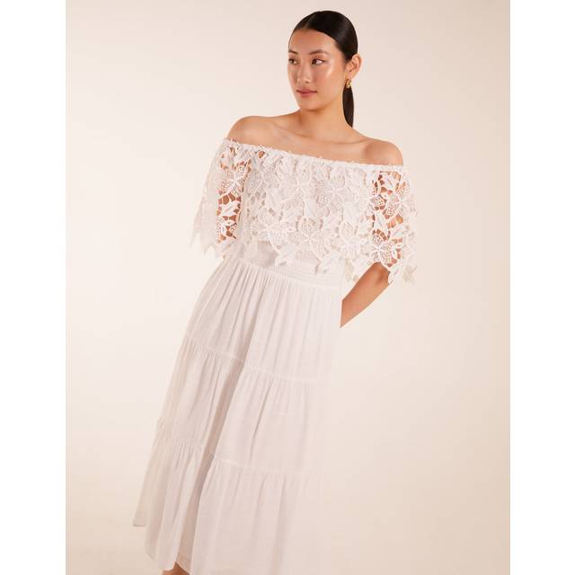 Womens Crochet Lace Shirred Waist Midi Dress - White - S