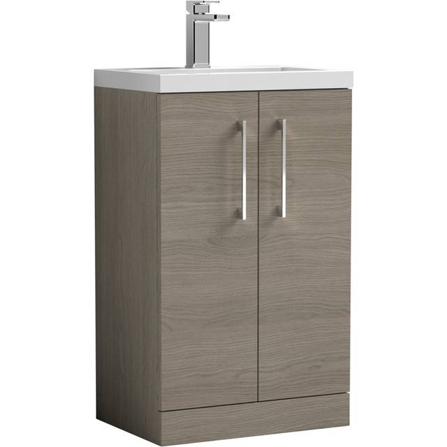 Arno Compact Floor Standing 2-Door Vanity Unit with Ceramic Basin 500mm Wide - Solace Oak Woodgrain - Nuie