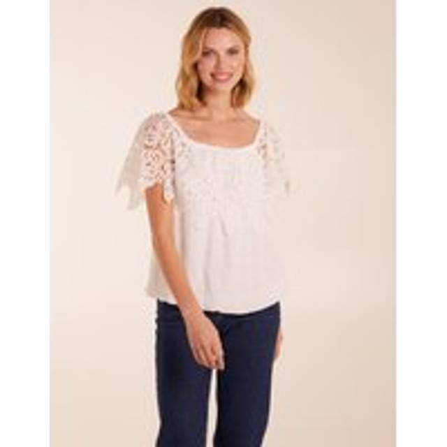 Blue Vanilla Womens Crochet Lace Milkmaid Puff Ball Top - Ivory - Size Small