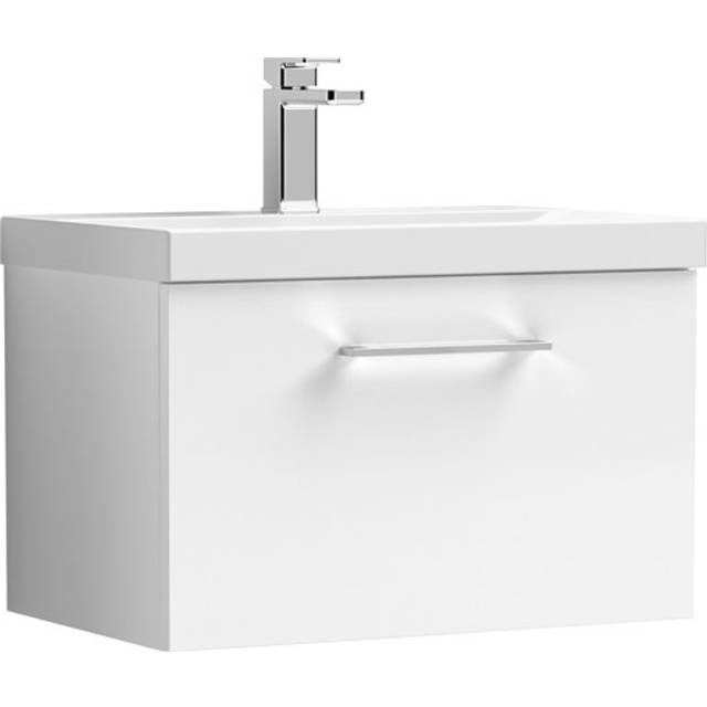 Nuie Arno Single Drawer Wall Hung Vanity Unit Gloss 600mm With Slim Edge Basin in White MFC