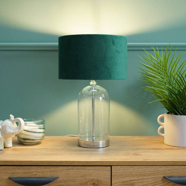Valuelights - Jessy Glass and Silver Chrome Metal Bedside Table Lamp with a Forest Green Velvet Lampshade - Bulb Included