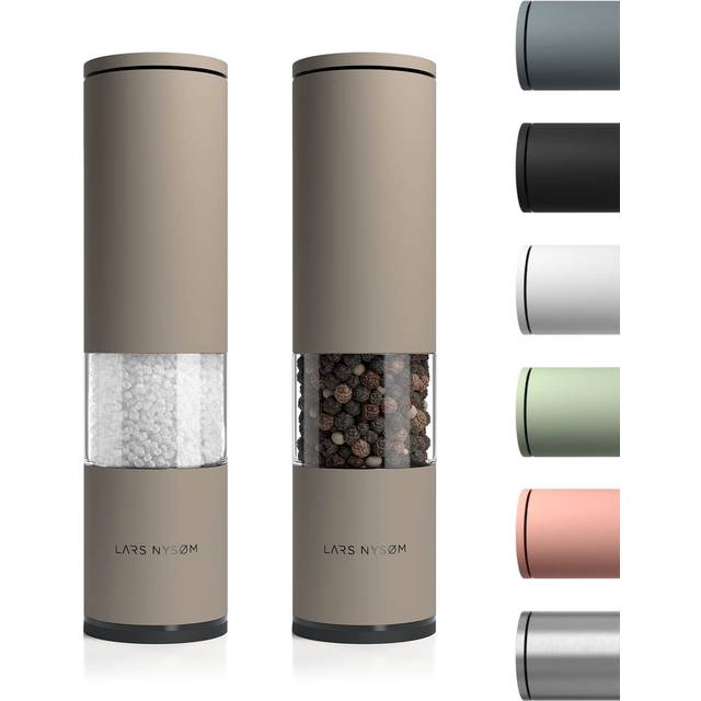 LARS NYSM Salt and Pepper Mills Set Stainless Steel with Adjustable Ceramic Grinder 2 pieces I Design Spice Mills Set Manual Greige