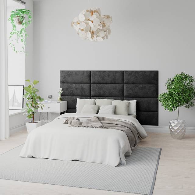 Aspire Easymount Wall Mounted Upholstered Panels Modular Diy Headboard In Mirazzi Velvet Fabric Black (pack Of 8), Black