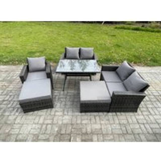 Fimous Garden Dining Set Wicker PE Rattan Outdoor Furniture Sofa with Rectangular Dining Table Double Seat Sofa 2 Big Footstool Dark Grey Mixed