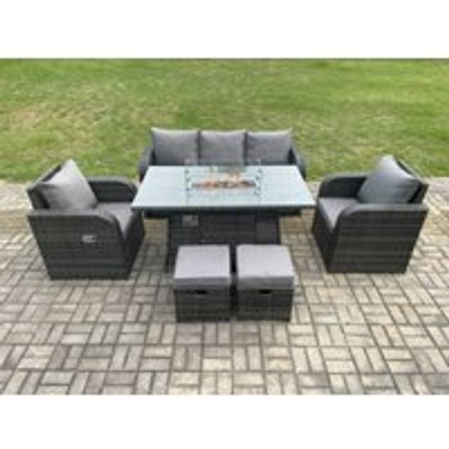 Garden Patio Furniture Wicker Rattan Gas Fire Pit Table and Chair set with 3 Seater Sofa 2 Small Footstools Dark Grey Mixed - Fimous