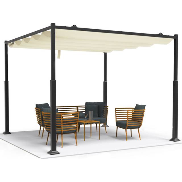 VOUNOT 3x3m Metal Pergola with Retractable Roof, Garden Gazebo for Outdoor Beige