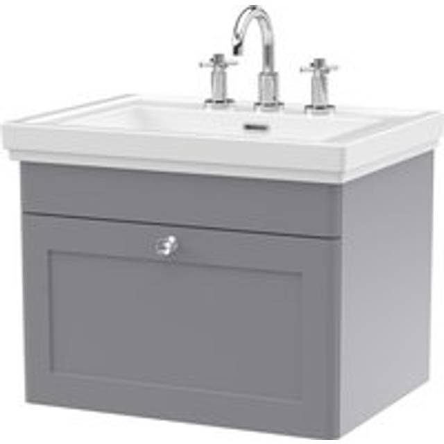 Nuie - Classique Wall Hung 1-Drawer Vanity Unit with Basin 600mm Wide Satin Grey - 3 Tap Hole