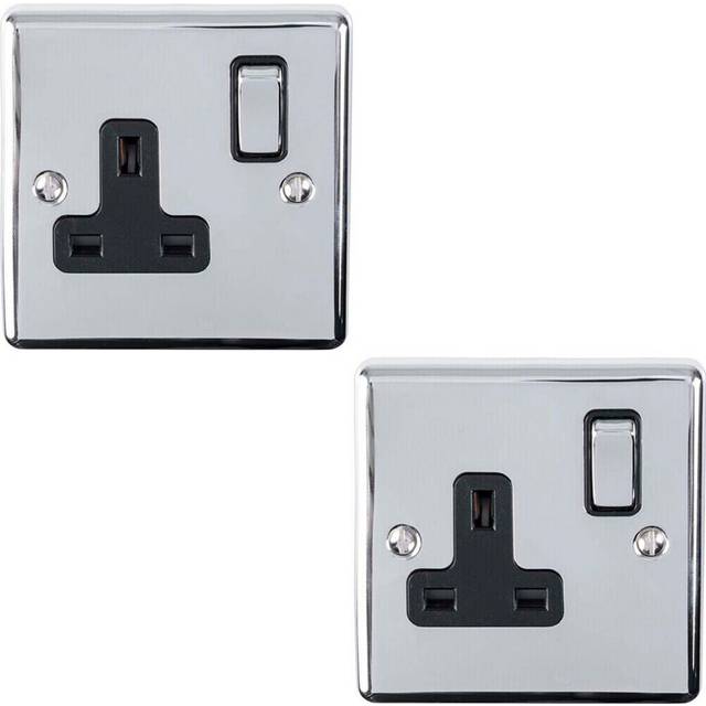 2 PACK 1 Gang Single UK Plug Socket POLISHED CHROME 13A Switched Black Trim
