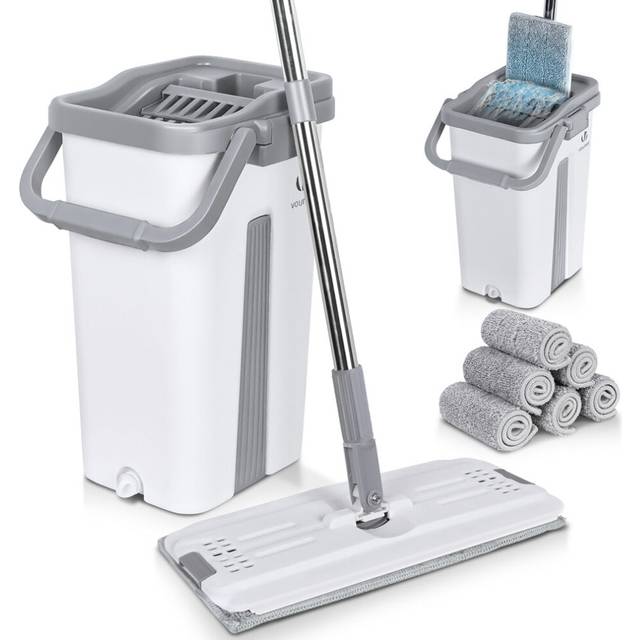 VOUNOT Flat Mop and Bucket set 2-in-1 Hands Free Squeeze with 6 Mop Pads, Grey