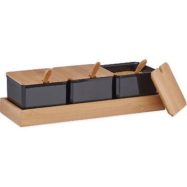Relaxdays - Set of 3 Spice Jars, with Tray, Spoons, Lids, Bamboo & Plastic, Container for Herbs, 11x30x13 cm, White/Brown