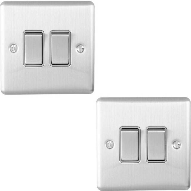 2 PACK 2 Gang Double Metal Light Switch SATIN STEEL 2 Way 10A Grey Trim