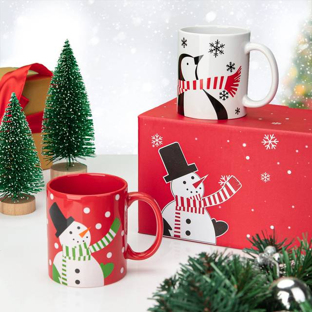 Cibeat 2 Pcs Ceramic Christmas Mugs  Premium Merry Christmas Gifts  12 oz Red and White Mugs with Handle  Microwave Safe for Coffee Tea Cocoa Milk Cer