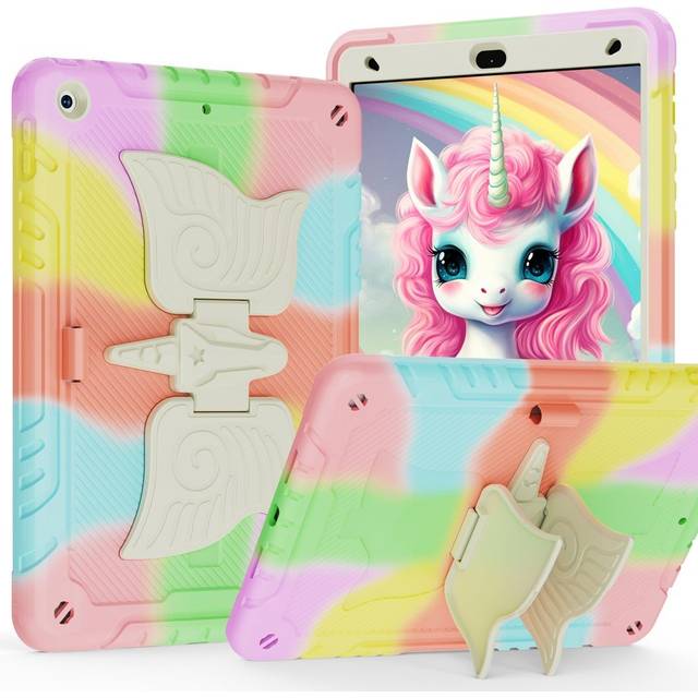 EIDERWOOD iPad 10,2" (2021 / 2020 / 2019) Unicorn Kickstand Barnskal - Regnbåge / Beige