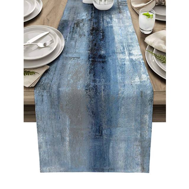 Burlap Linen Table Runner - 70 Inch Long  Retro Rustic Art Abstract Modern Decor Kitchen Dining Table Runner Dresser Scarves  Blue Ombre Painting Farm