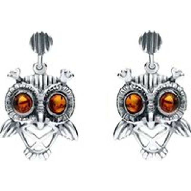 9ct White Gold Amber Orange Owl Stud Earrings