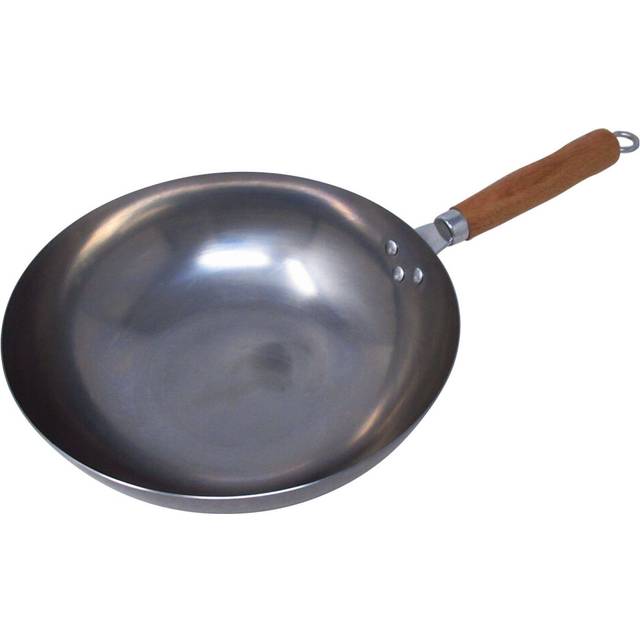 (14 Inch, Flat Bottomed) Wok Pan Round or Flat Base with Wooden Handle
