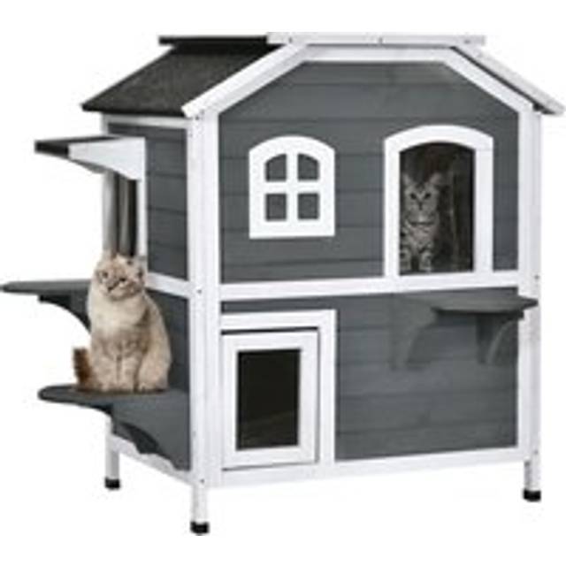 Pawhut Solid Wood Cat Condos Pet House Water Proof Outdoor 2-floor Villa, Grey