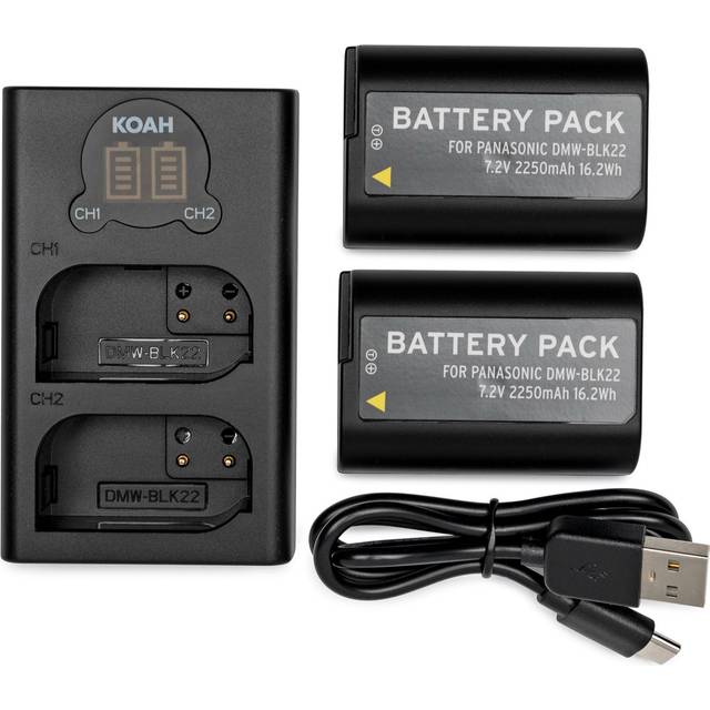 Koah 2-Pack Rechargeable 2250mAh Batteries and Dual USB-C LCD Charger for Panasonic DMW-BLK22