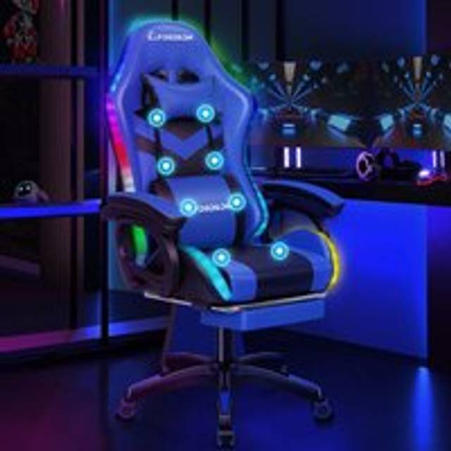 Elfordson - Gaming Office Chair with rgb led Light 8-Point Massage, Blue & Black