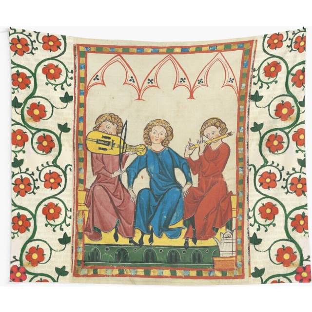 Tapestry 60x50inch MEDIEVAL MUSIC AND MUSICIANS ,ANTIQUE MINIATURE WITH WILD ROSES Wall Hanging Art DÃ©cor Living Room