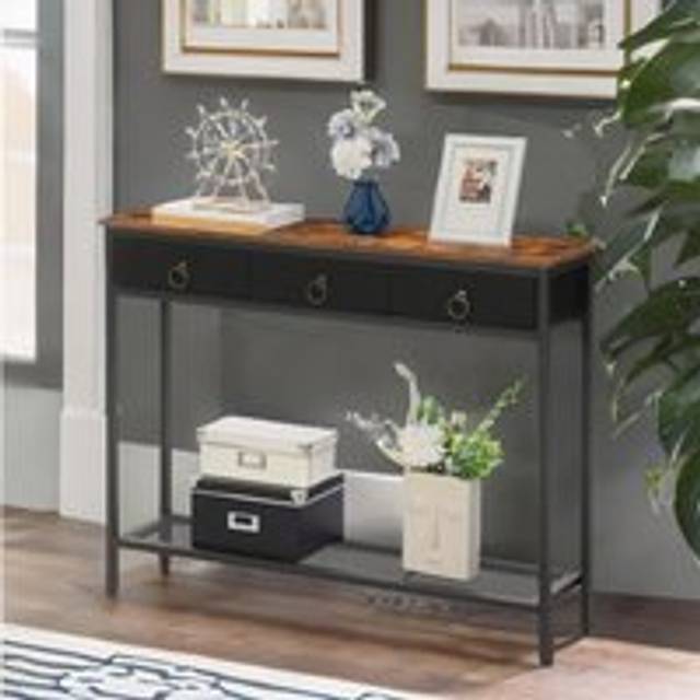 Slim Console Table with 3 Non-woven Drawers - Brown