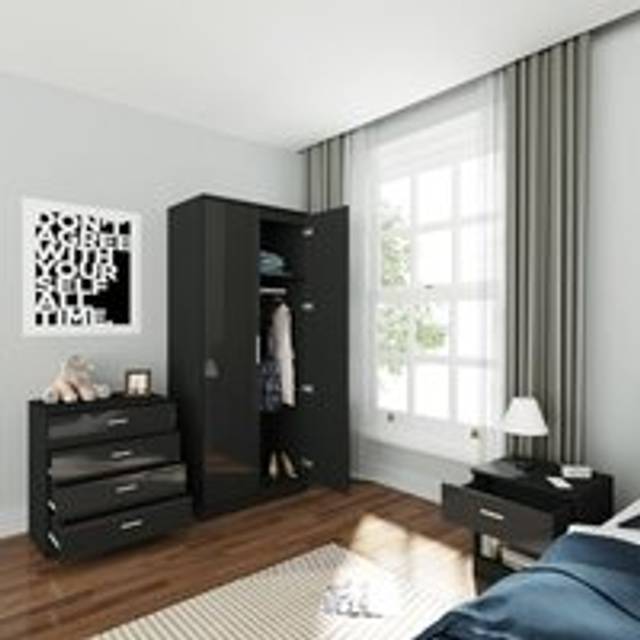 Elegant - Modern High Gloss Soft Close 2 Doors Wardrobe with Aluminium Clothes Rail and storage shelves (Waterproof and anti-scratch, Black)