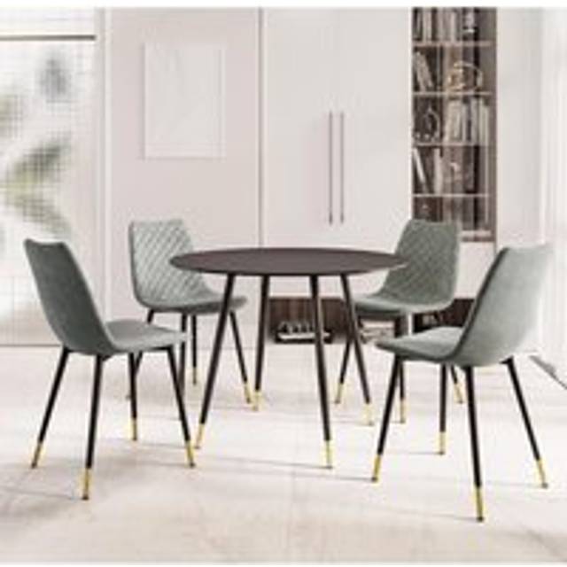 Dining table set, small round black kitchen table & 4 grey fabric dining chairs