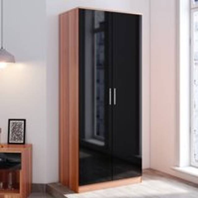 Elegant - Modern Soft Close 2 Doors Wardrobe with Metal Handles Includes a removable hanging rod and storage shelves, Black/Walnut