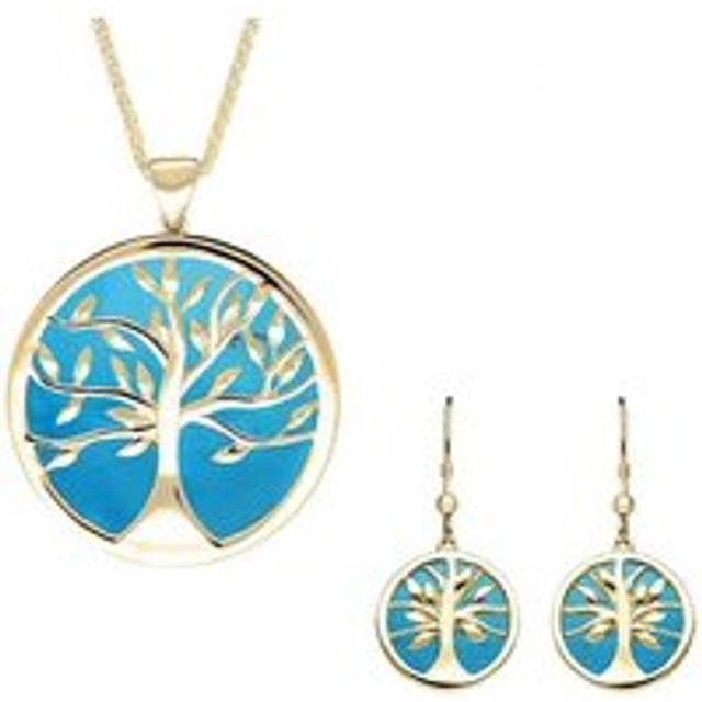 9ct Yellow Gold Turquoise Large Round Tree of Life Two Piece Set