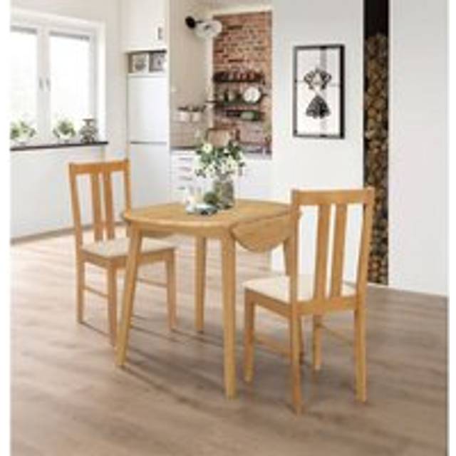 Hallowood Furniture - Ledbury Small Dining Table and 2 Chairs, Round Drop Leaf Table and Cream Fabric Padded Seat Chairs, Wooden Folding Table and
