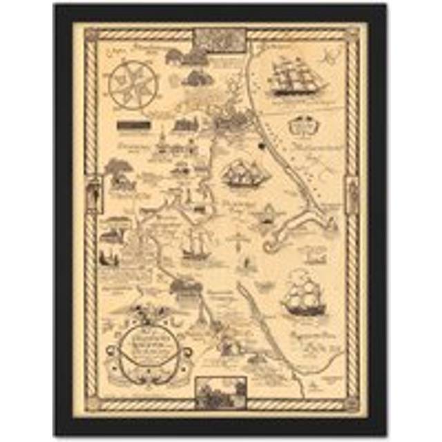 Wall Art Print 1929 Pictorial Map Of Plymouth Kingston And Duxbury Large Framed Wall Décor Art - White - W18 inch x H24 inch