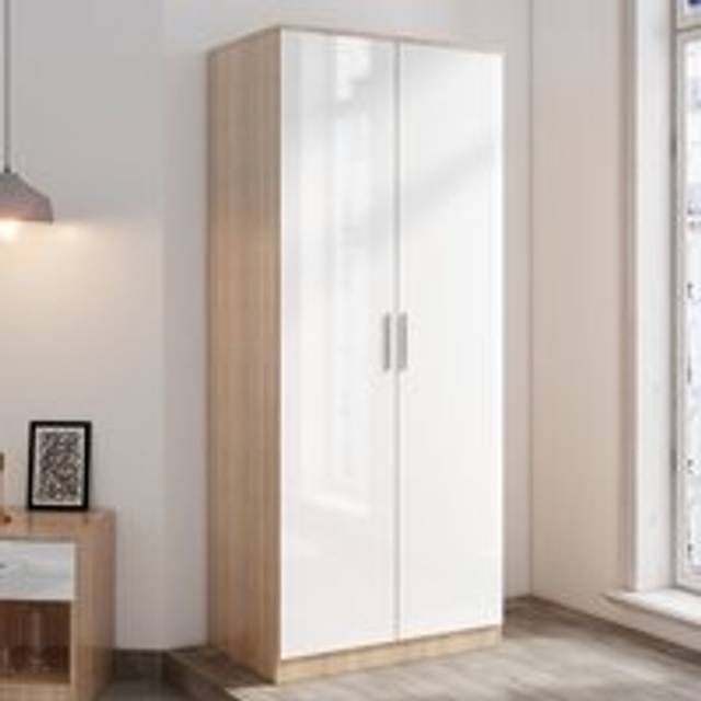 ELEGANT Modern Soft Close 2 Doors Wardrobe with Metal Handles Includes a removable hanging rod and storage shelves, White/Oak