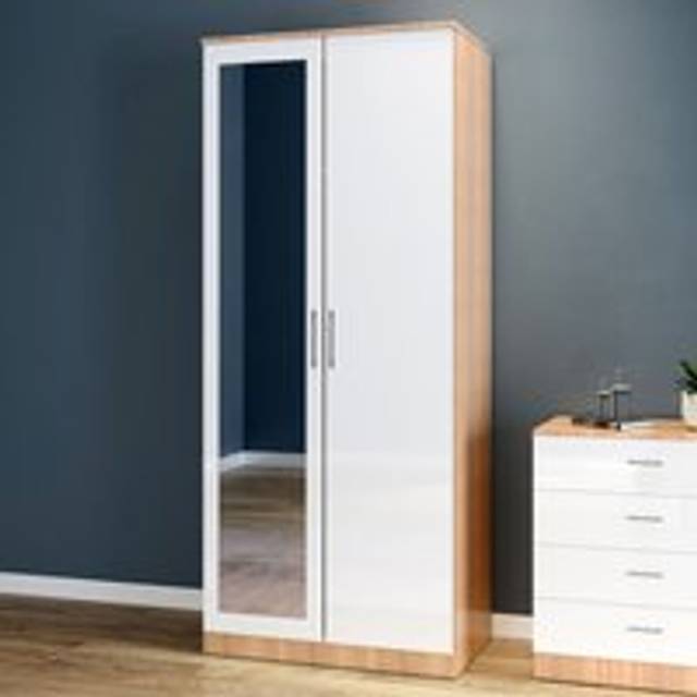 Elegant - 2 Door Wardrobe Wooden Bedroom Storage Furniture Cupboard Hanging Rail, Clothes storage shelves, Metal Handles (Black)