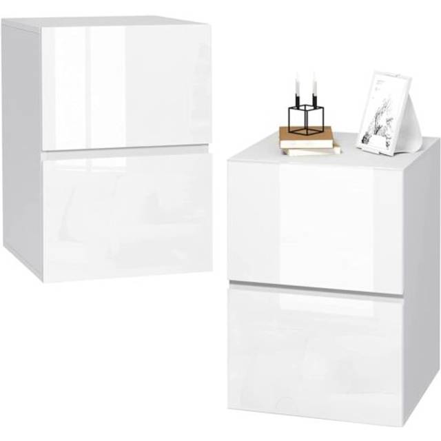 EUGAD Set of 2 Bedside Table with 2 storage Drawers, High Gloss Surface, 40x40x58 cm, White Nightstand Cabinet, Modern Side Table End Table Chest of