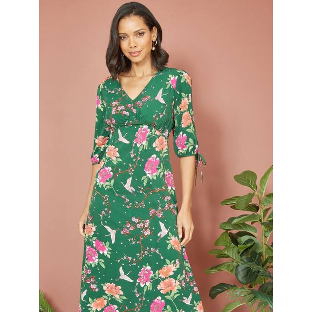 Yumi Womens Green Recycled Crane Print Kimono Midi Dress - Size 12 UK