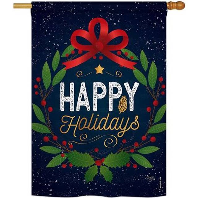 Breeze Decor BD-XM-H-114149-IP-BO-DS02-US 28 x 40 in. Seasonal Christmas Impressions Decorative Vertical House Flag - Happy Holidays Wreath Winter