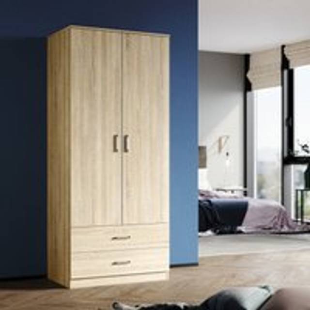Elegant - Soft Close Wardrobe Double 2 Doors Wardrobe with Shelves and Metal Handles Bedroom Large Storage Wardrobe, Oak