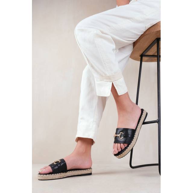 Where's That From Womens 'Jupiter' Single Strap Flat Sandals With Thread Design And Golden Detailing - Black - Size UK 4
