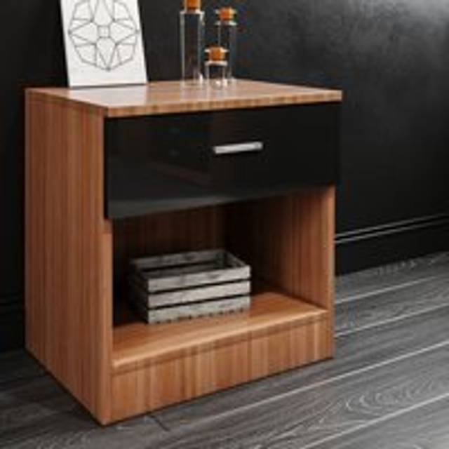 Black/Walnut Modern Bedside Cabinet High Gloss Nightstand Table Soft Close Bedside Table with Drawer for Bedroom, Livingroom - Elegant