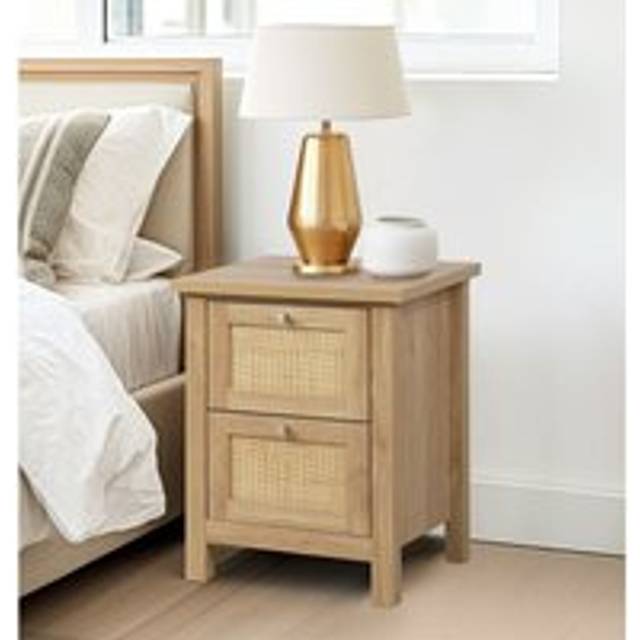 Hallowood Furniture - Newquay Oak Effect Bedside Table with 2 Drawers & Rattan Front, Narrow Bedside Table, Lamp Table, Bedroom Storage Unit,