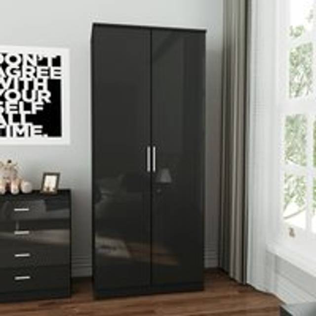 Elegant - 2 Door Wardrobe Wooden Bedroom Storage Furniture Cupboard Hanging Rail, Clothes storage shelves, Metal Handles (Black)