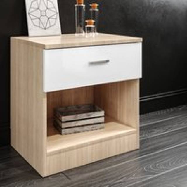 Elegant - White/Oak Soft Close Bedside Cabinet High Gloss Nightstand Table Bedside Table with Drawer for Bedroom,Home Storage Organizer