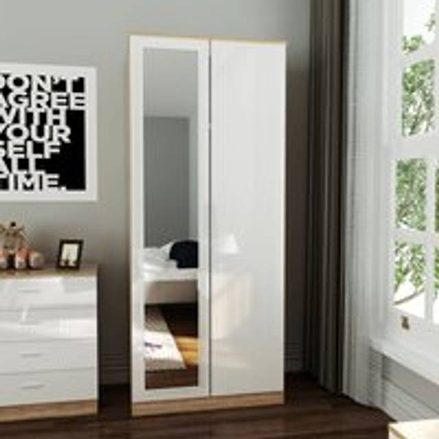 ELEGANT Soft Close 2 Doors Wardrobe with Mirror and Metal Handles Includes a removable hanging rod and storage shelves High Gloss, White/Oak