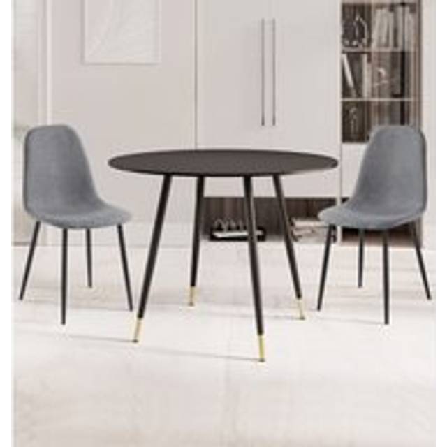 Hallowood Furniture - Finley Small Round Dining Table and Chairs Set 2, Black Kitchen Table and Dark Grey Fabric Chairs with Metal Legs, Dining Table